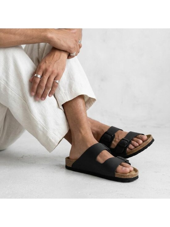 Men\'s All Black Lane Cork Footbed Sandals Adjustable Buckle Comfort Slides